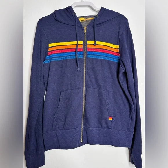Aviator Nation Dark Blue Hoodie with Colorful Stripes. Men’s Medium - Picture 1 of 7